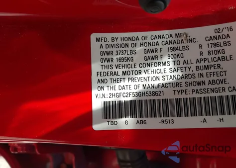 2016 Honda Civic Lx from USA, damaged, VIN 2HGFC2F53GH538621